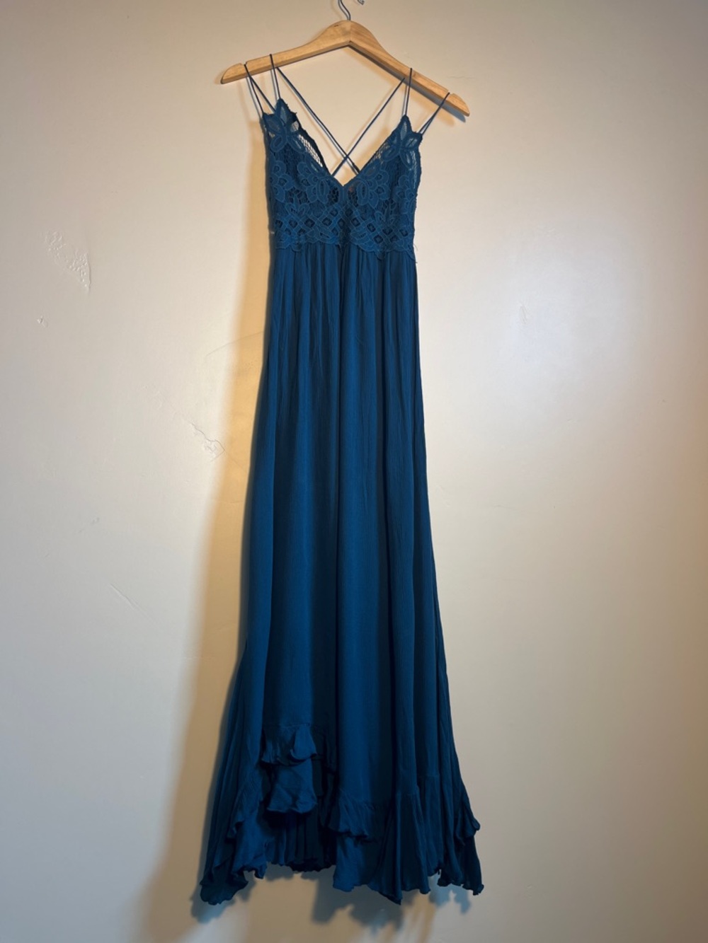 Free People Teal Maxi Dress with Lace Bodice and Crisscross Straps